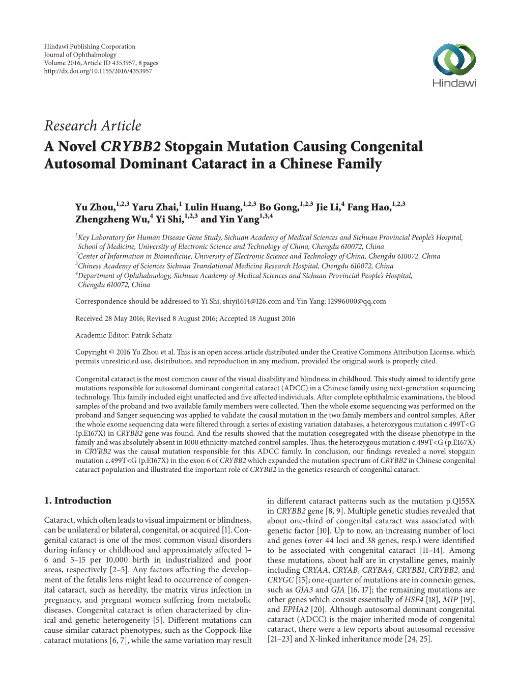 A Novel CRYBB2 Stopgain Mutation Causing Congenital Autosomal