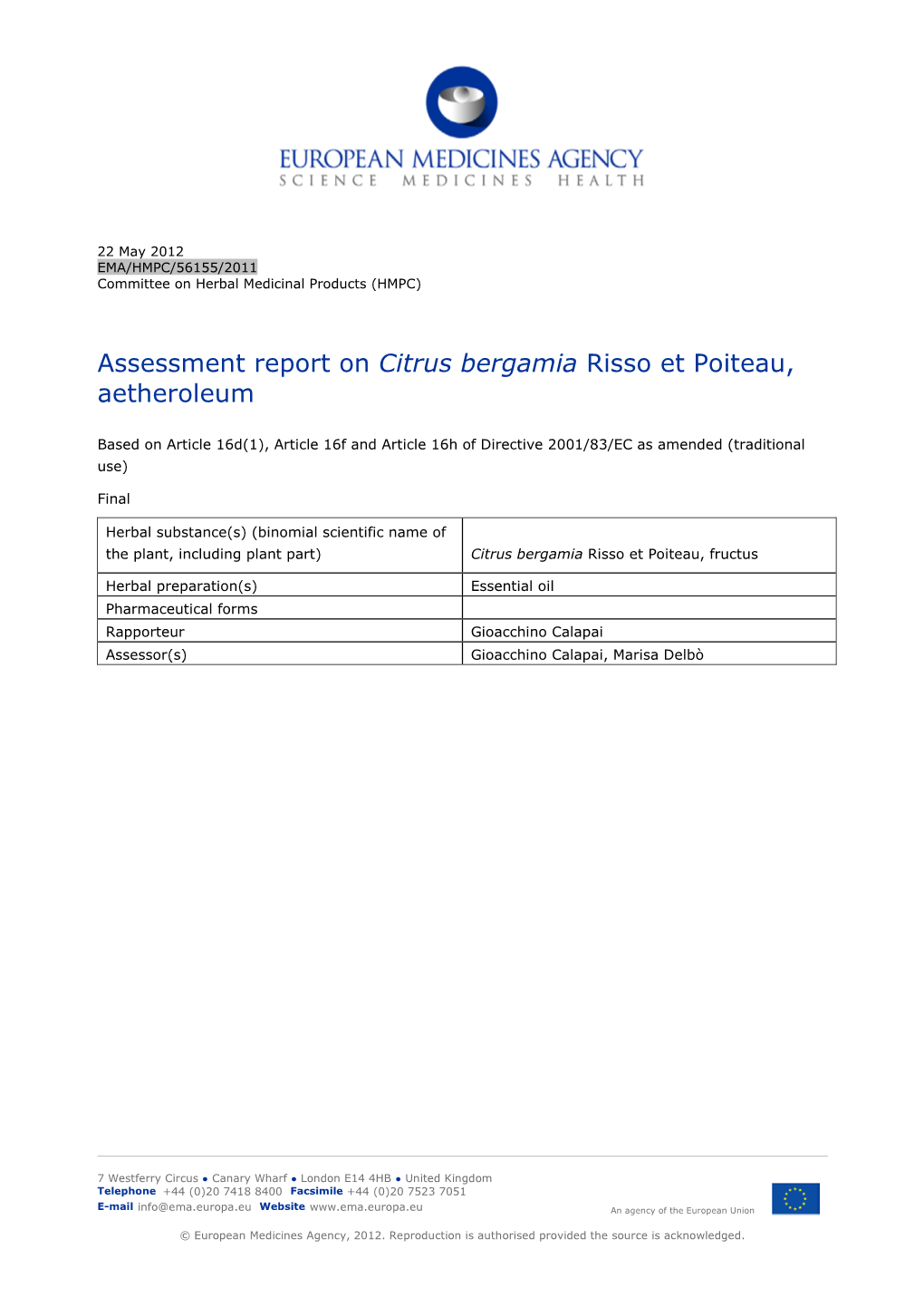 Assessment Report on Citrus Bergamia Risso Et Poiteau, Aetheroleum