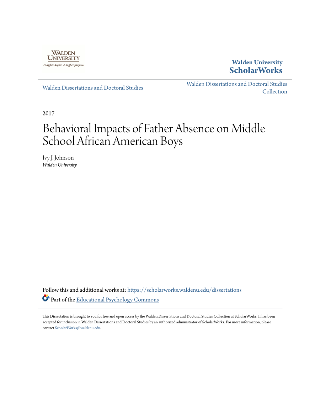 Behavioral Impacts of Father Absence on Middle School African American Boys Ivy J