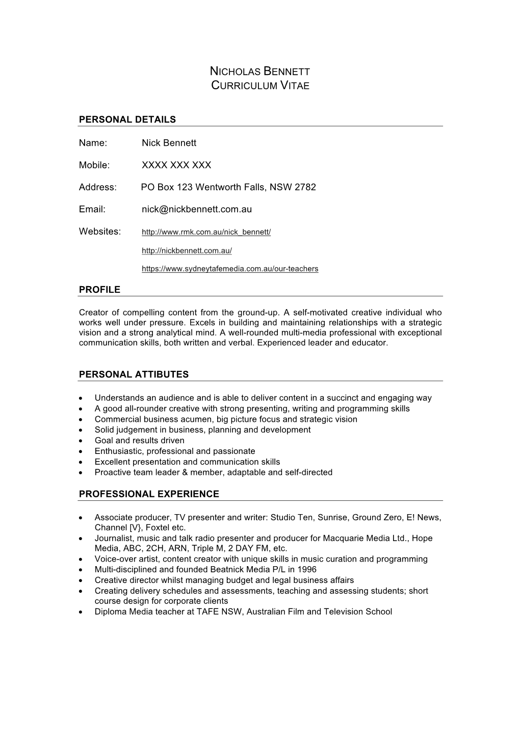 Nick Bennett CV Private 160418