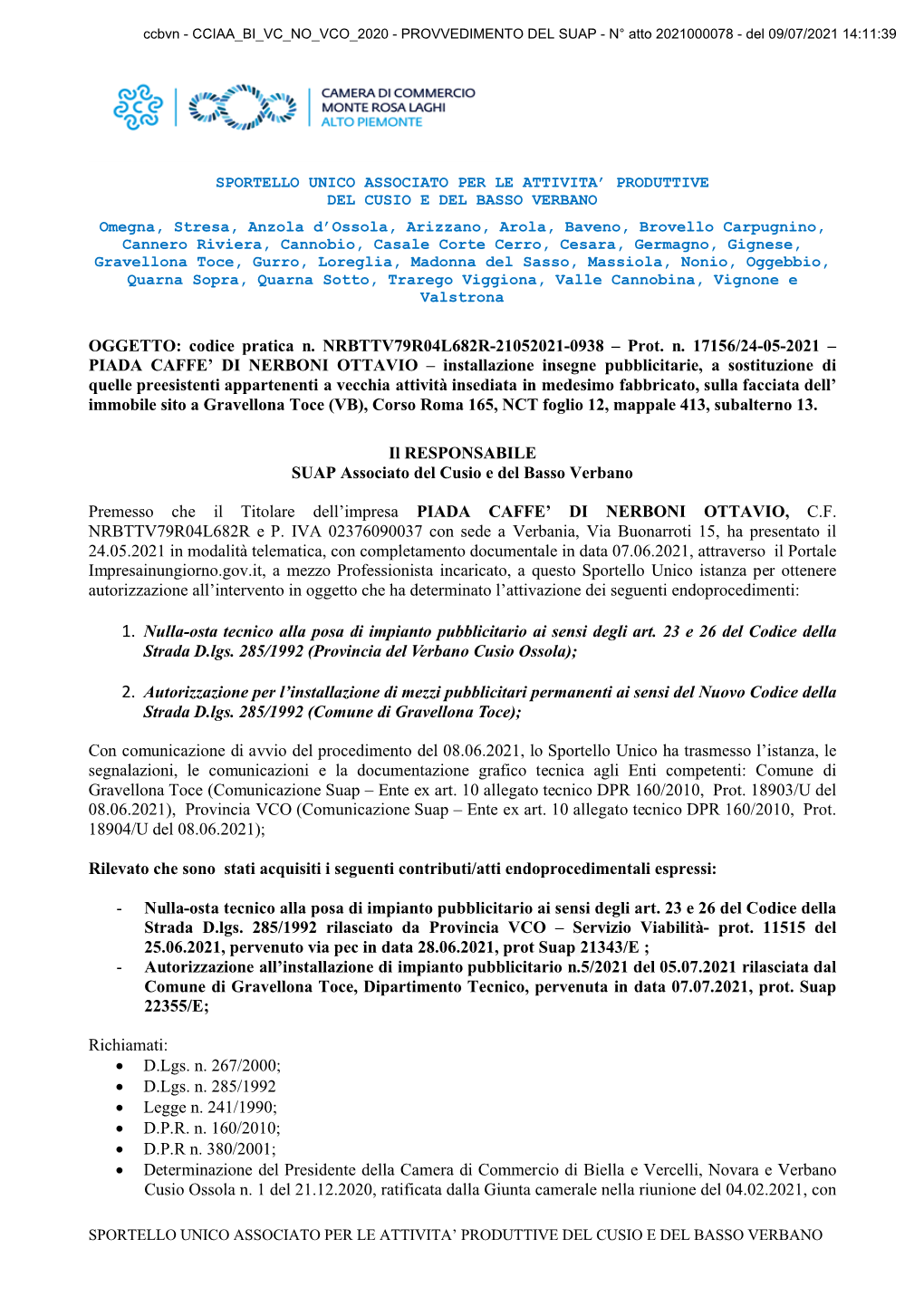 Prot. N. 17156/24-05-2021 – PIADA CAFFE' DI NERBONI