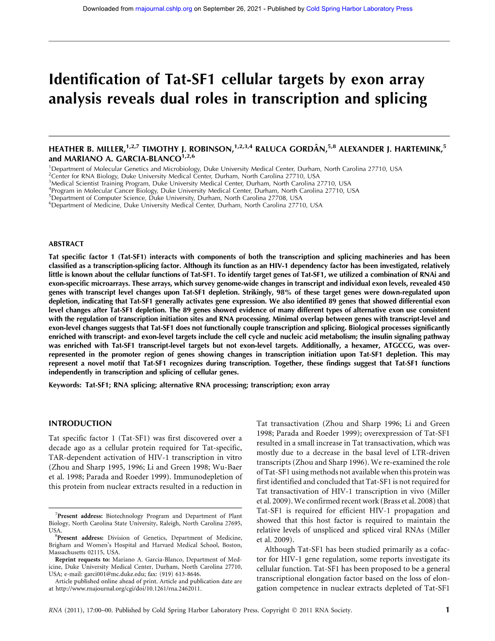 Identification of Tat-SF1 Cellular Targets by Exon Array Analysis Reveals Dual Roles in Transcription and Splicing