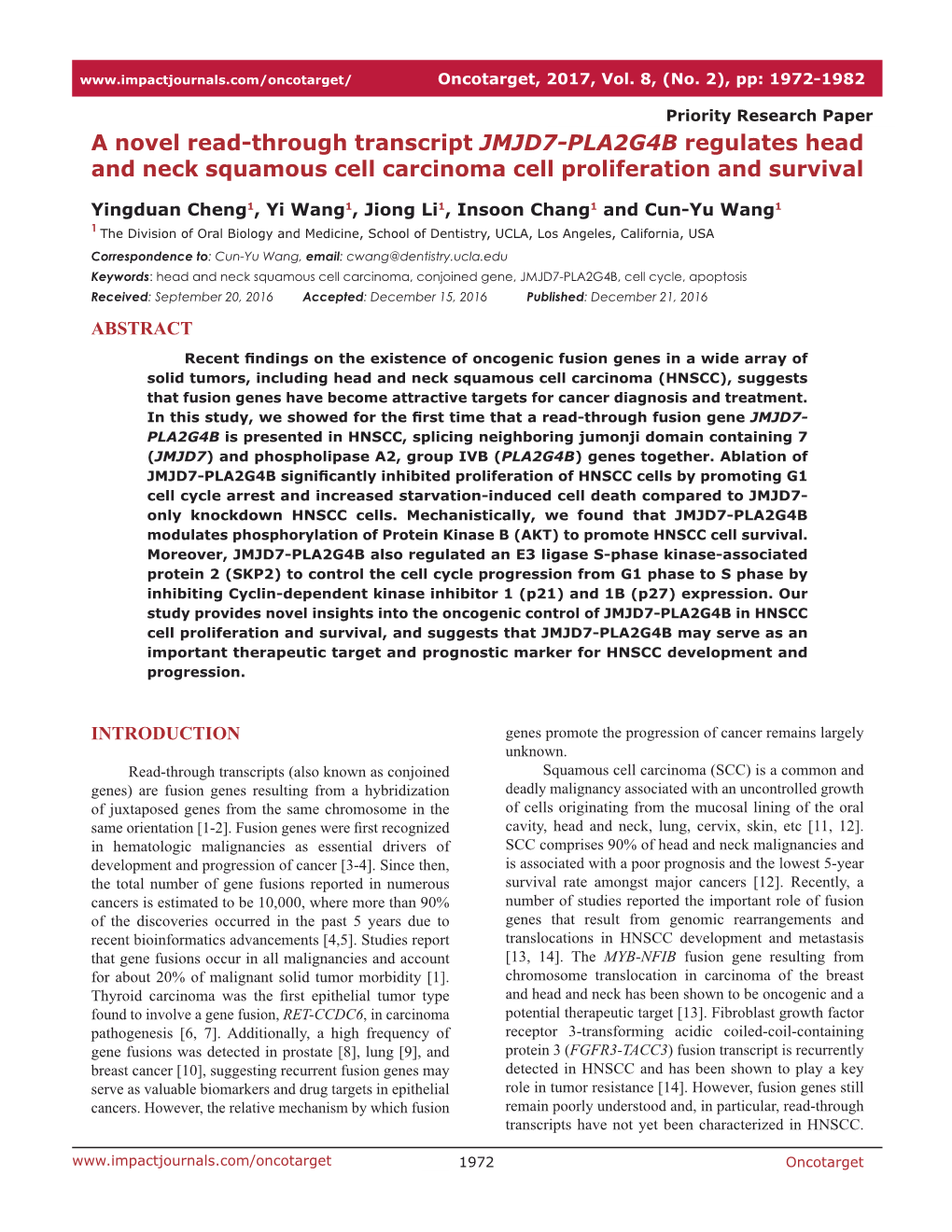 A Novel Read-Through Transcript JMJD7-PLA2G4B Regulates Head and Neck Squamous Cell Carcinoma Cell Proliferation and Survival