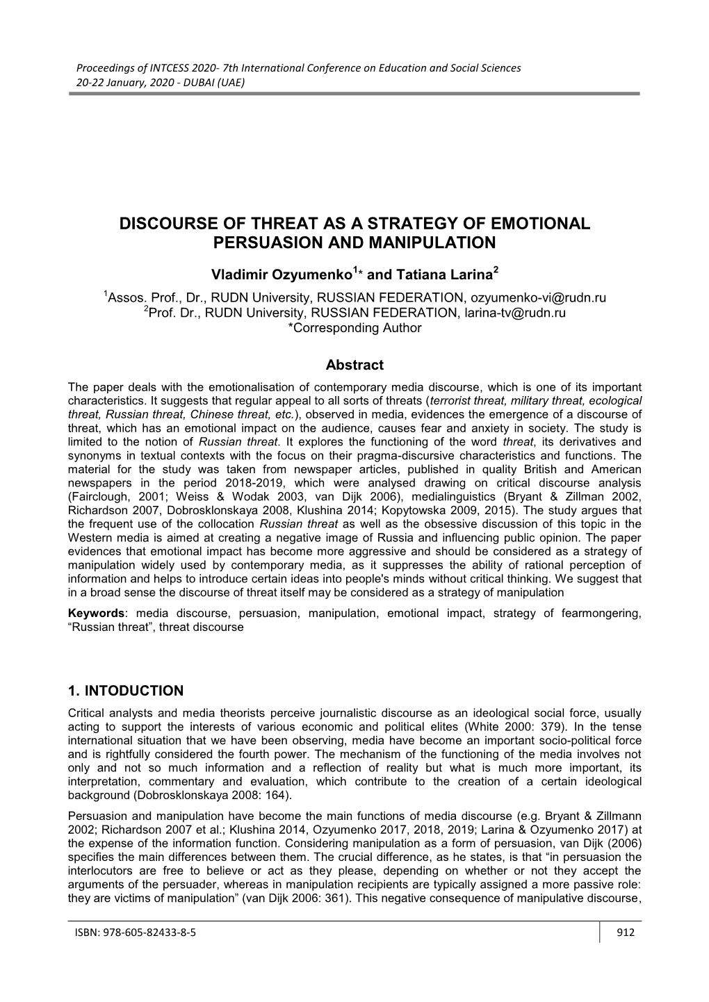 Discourse of Threat As a Strategy of Emotional Persuasion and Manipulation