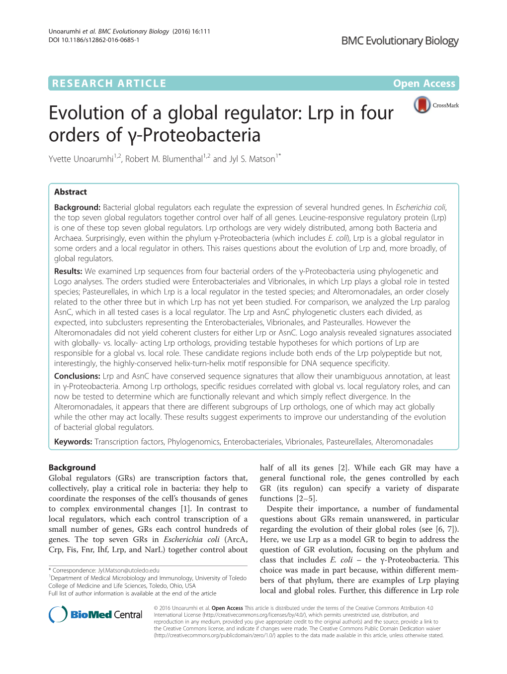 Evolution of a Global Regulator: Lrp in Four Orders of Γ-Proteobacteria Yvette Unoarumhi1,2, Robert M