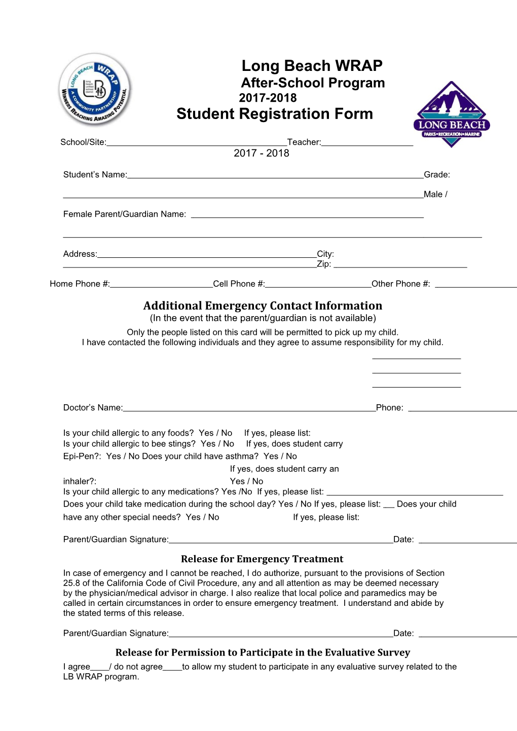 WRAP Student Registration Form