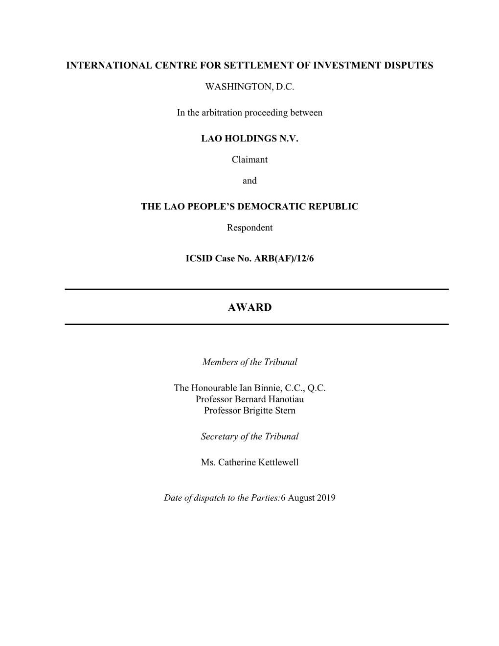 Lao Holdings NV V Lao People's Democratic Republic (ICSID Case