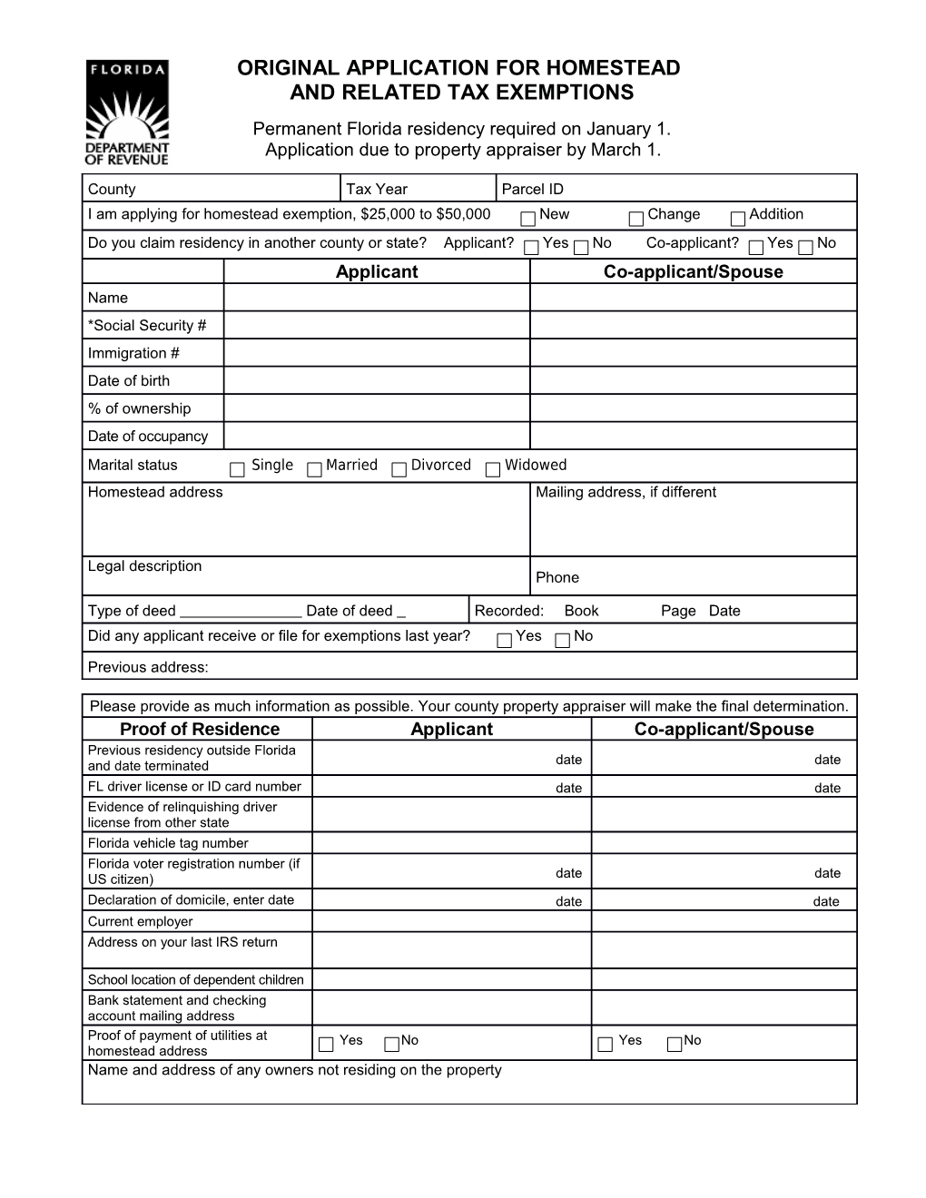 ORIGINAL APPLICATION for HOMESTEAD EXEMPTIONS, Provisional