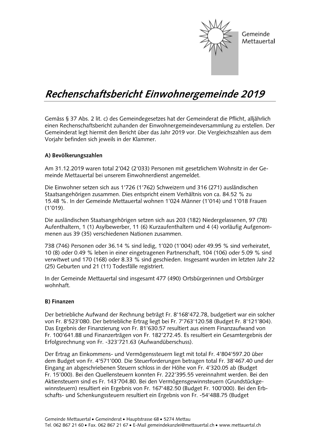 Rechenschaftsbericht 2019 Einwohnergemeinde