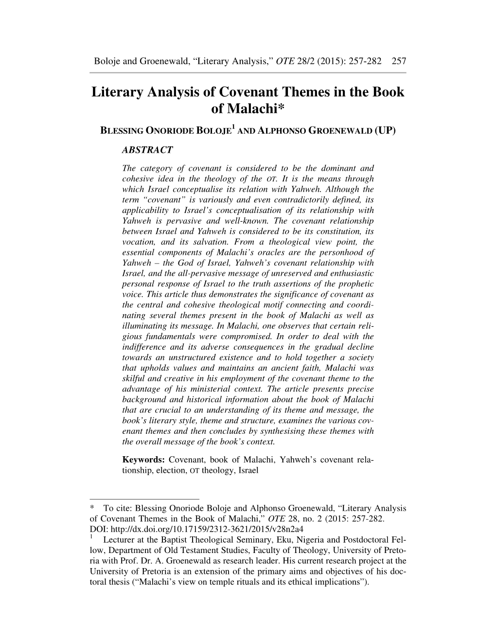 Literary Analysis of Covenant Themes in the Book of Malachi*