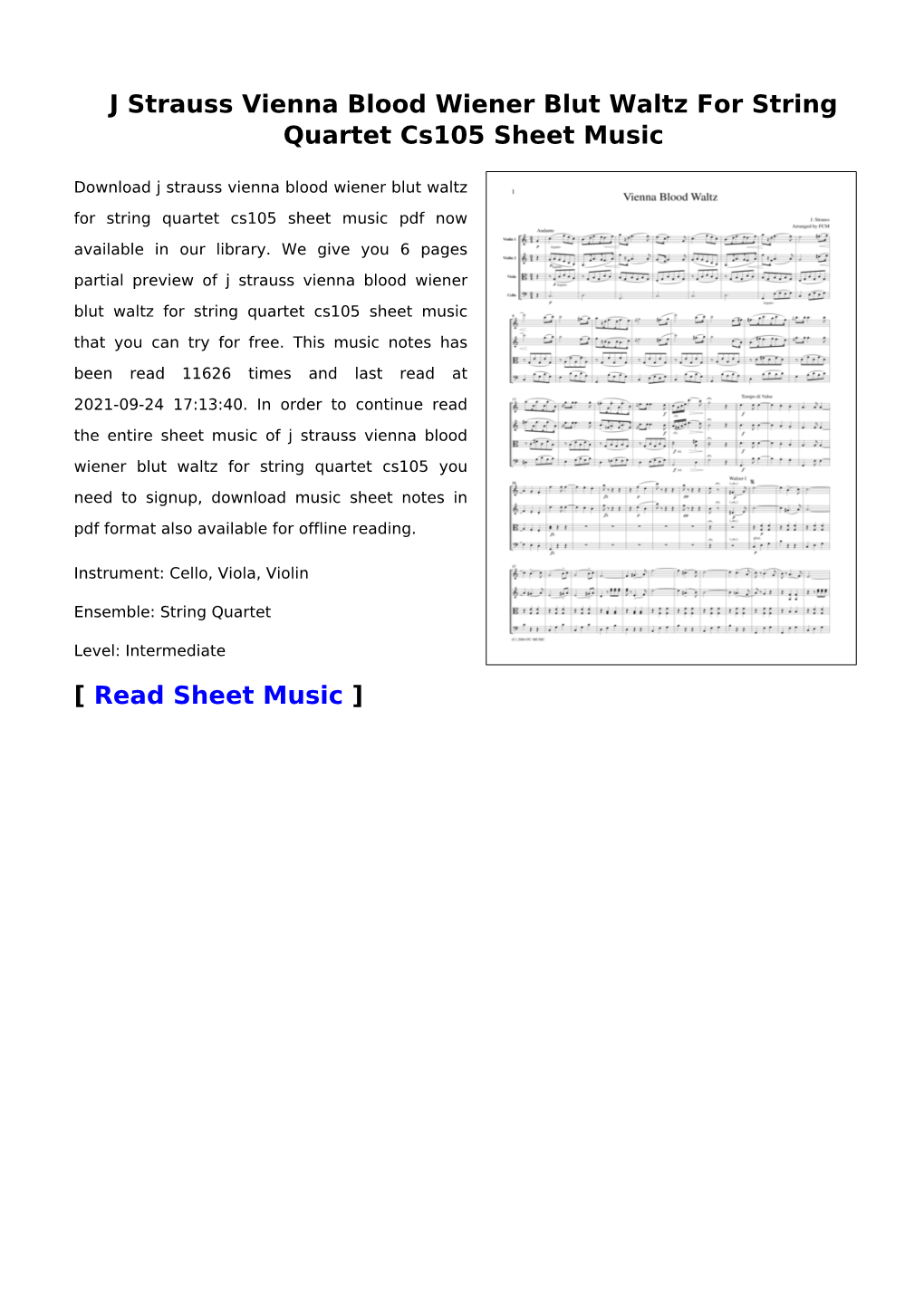 J Strauss Vienna Blood Wiener Blut Waltz for String Quartet Cs105 Sheet Music