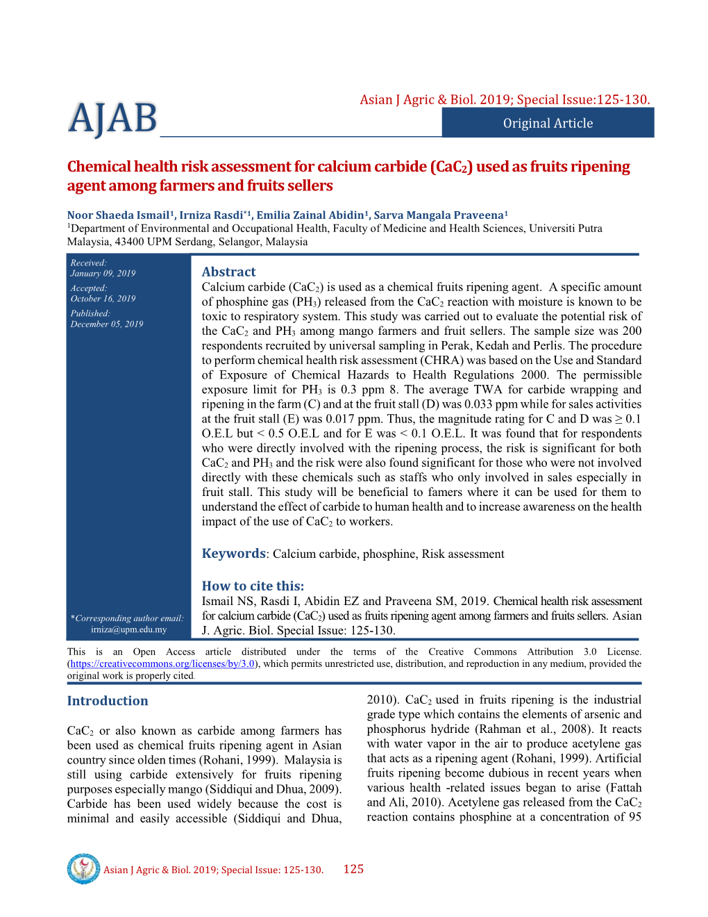 Chemical Health Risk Assessment for Calcium Carbide (Cac2) Used As Fruits Ripening Agent Among Farmers and Fruits Sellers