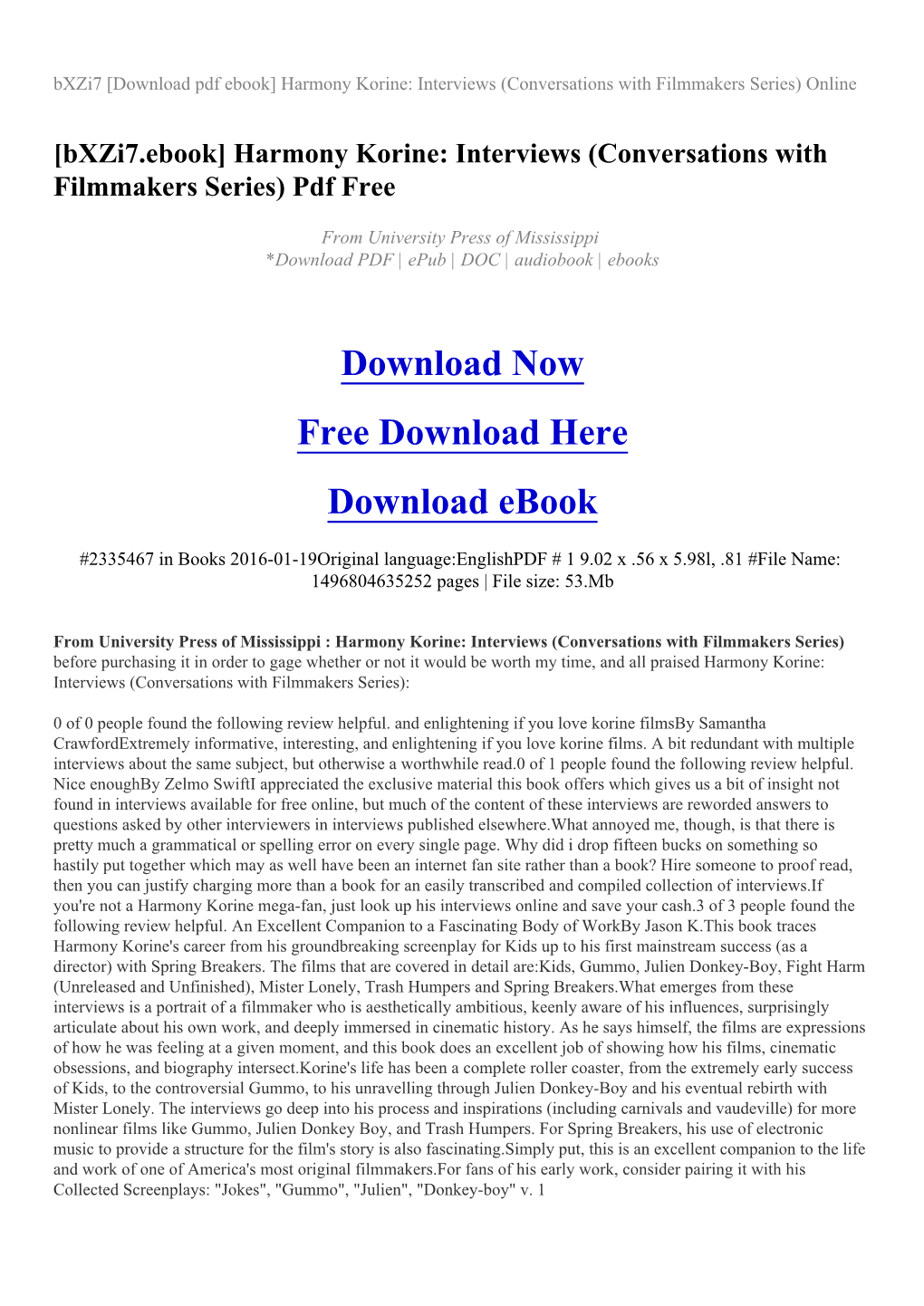 Bxzi7 [Download Pdf Ebook] Harmony Korine: Interviews (Conversations with Filmmakers Series) Online