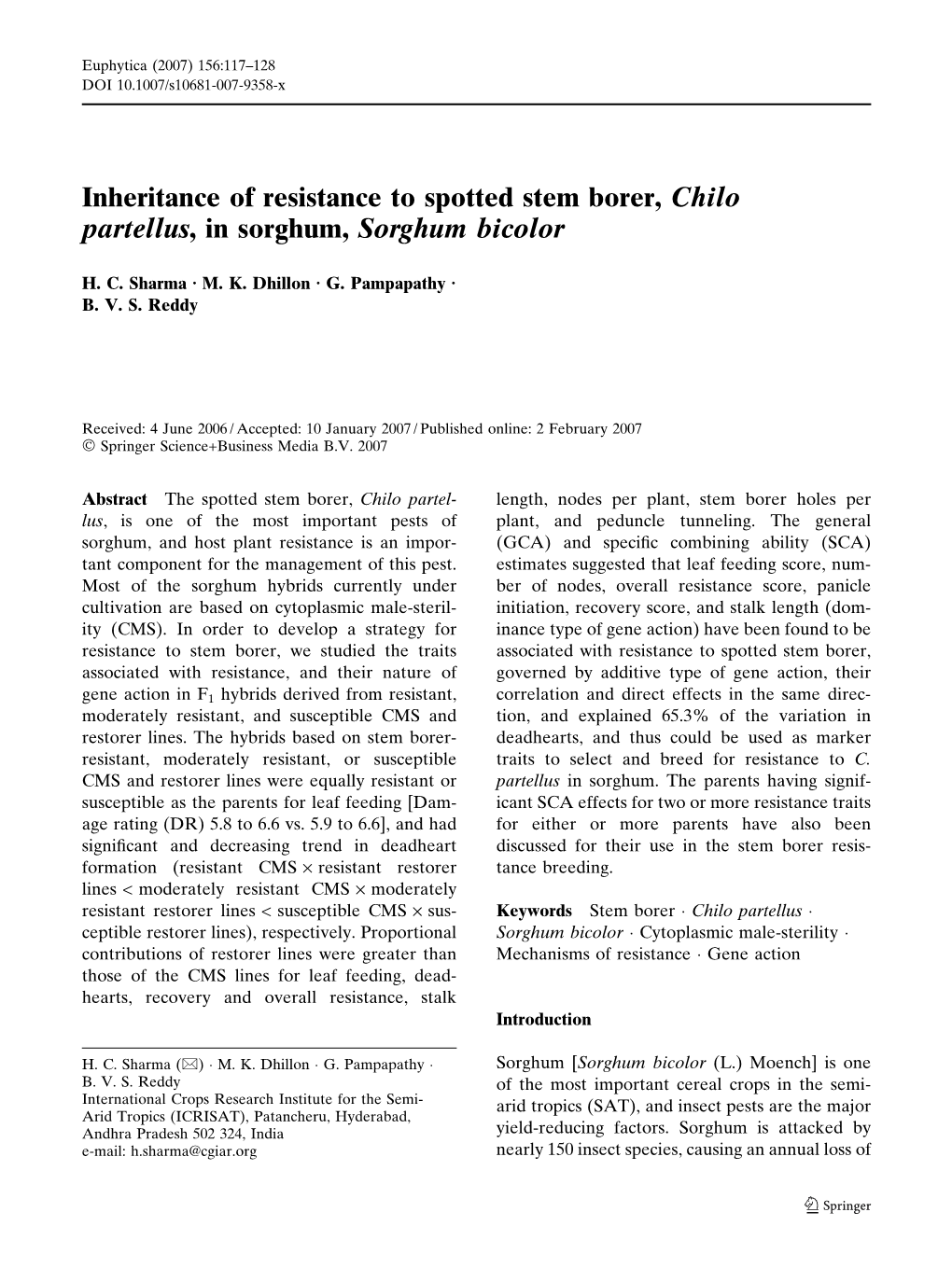 Inheritance of Resistance to Spotted Stem Borer, Chilo Partellus, in Sorghum, Sorghum Bicolor