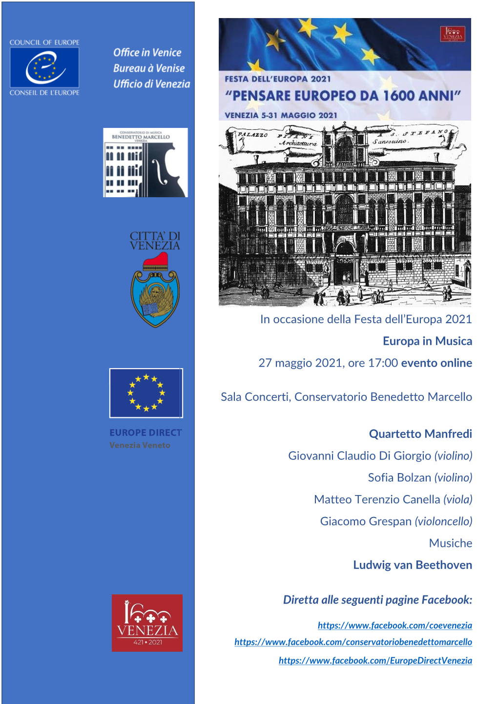 In Occasione Della Festa Dell'europa 2021 Europa in Musica 27 Maggio 2021, Ore 17:00 Evento Online Sala Concerti, Conservatori