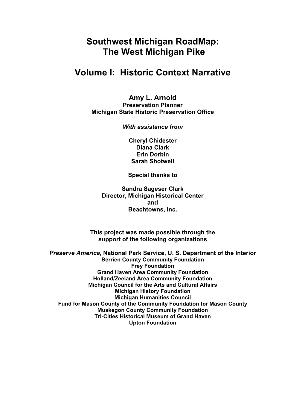 The West Michigan Pike Volume I: Historic Context Narrative