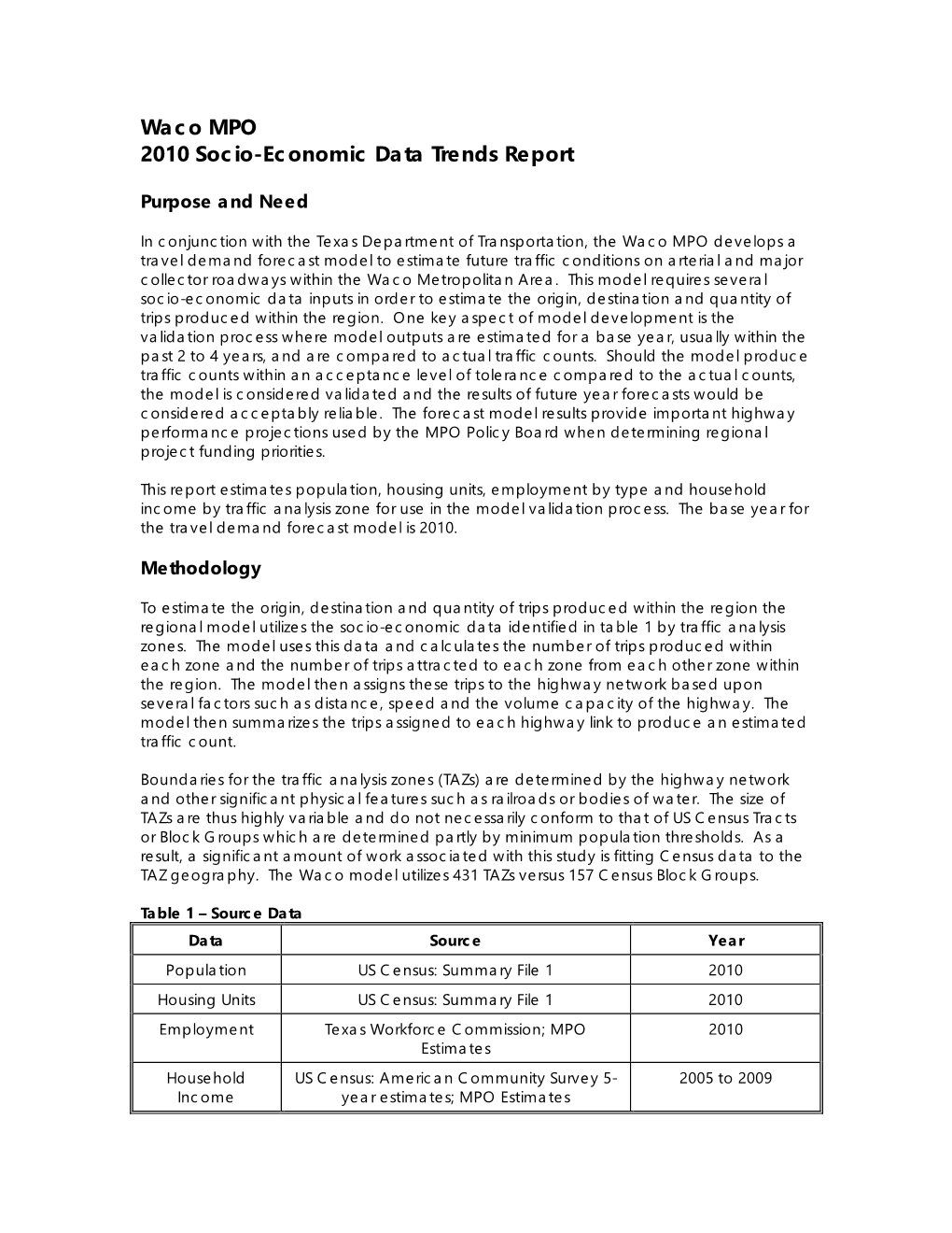 Waco MPO 2010 Socio-Economic Data Trends Report