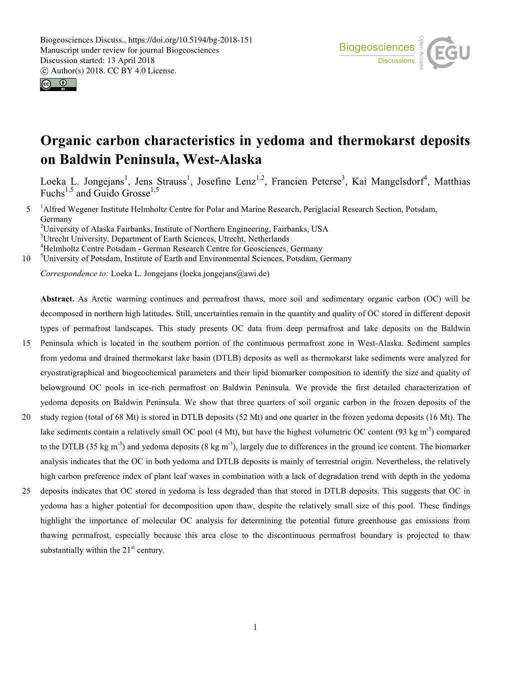 Organic Carbon Characteristics in Yedoma and Thermokarst Deposits on Baldwin Peninsula, West-Alaska Loeka L