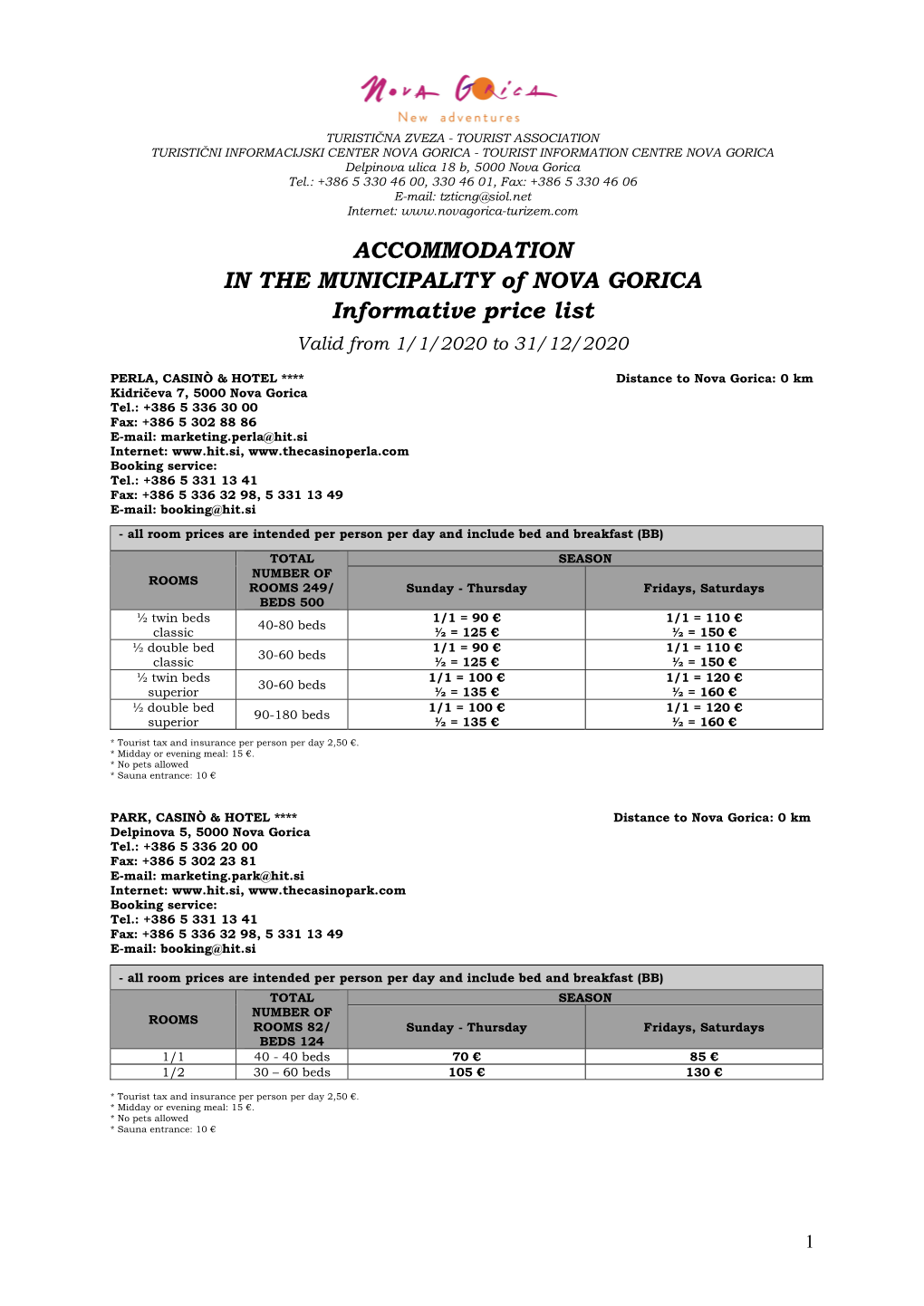 ACCOMMODATION in the MUNICIPALITY of NOVA GORICA Informative Price List