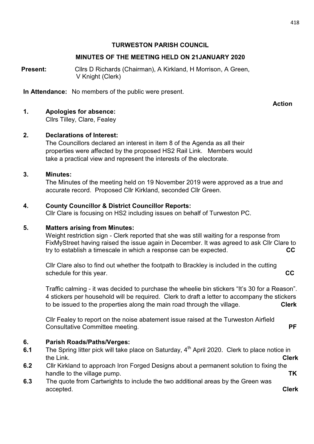 TURWESTON PARISH COUNCIL MINUTES of the MEETING HELD on 21JANUARY 2020 Present: Cllrs D Richards (Chairman), a Kirkland, H Morrison, a Green, V Knight (Clerk)