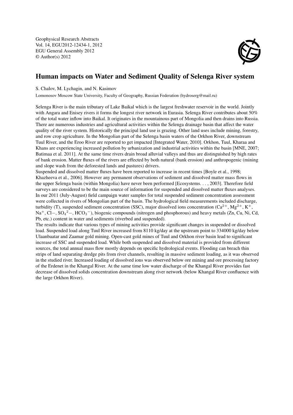 Human Impacts on Water and Sediment Quality of Selenga River System