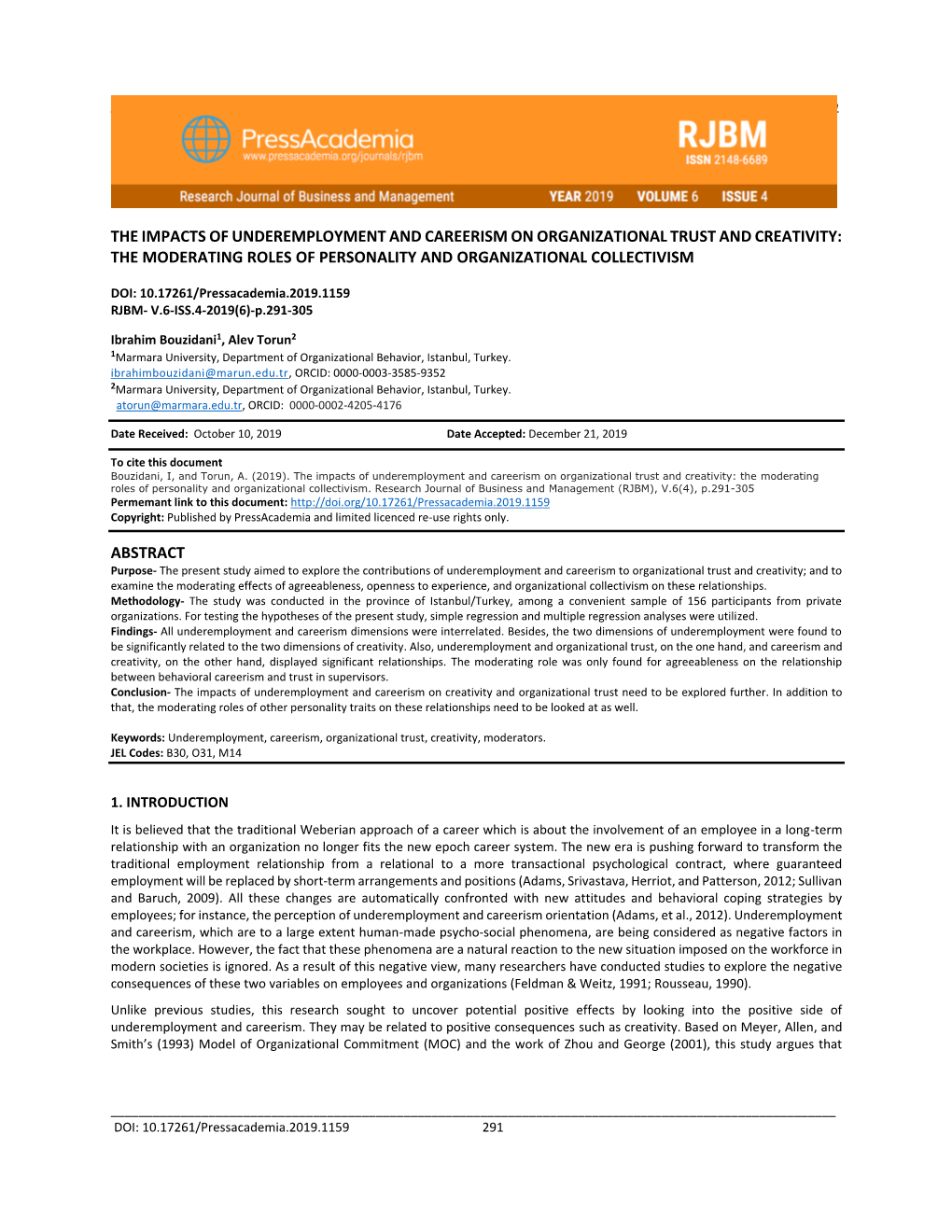 The Impacts of Underemployment and Careerism on Organizational Trust and Creativity: the Moderating Roles of Personality and Organizational Collectivism