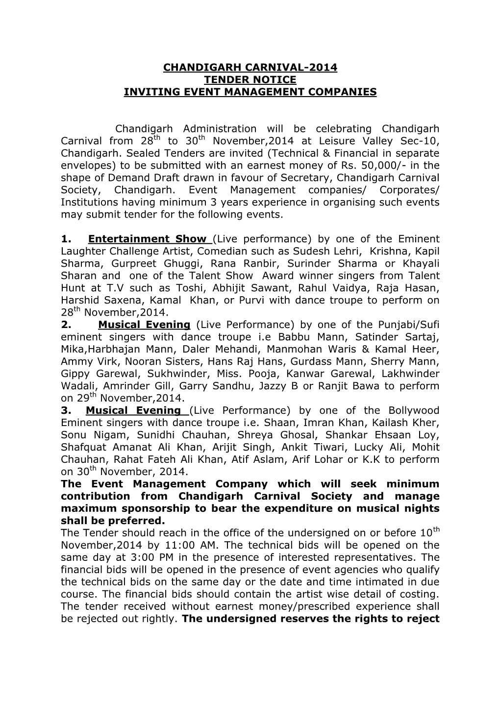 Chandigarh Carnival-2014 Tender Notice Inviting Event Management Companies