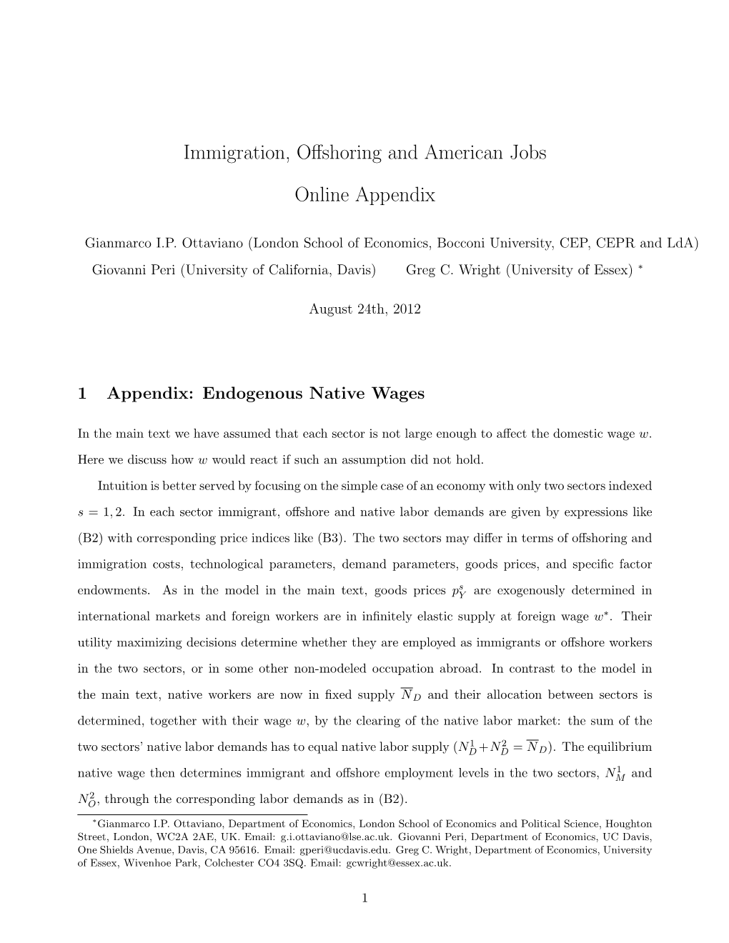 Immigration, Offshoring and American Jobs Online Appendix