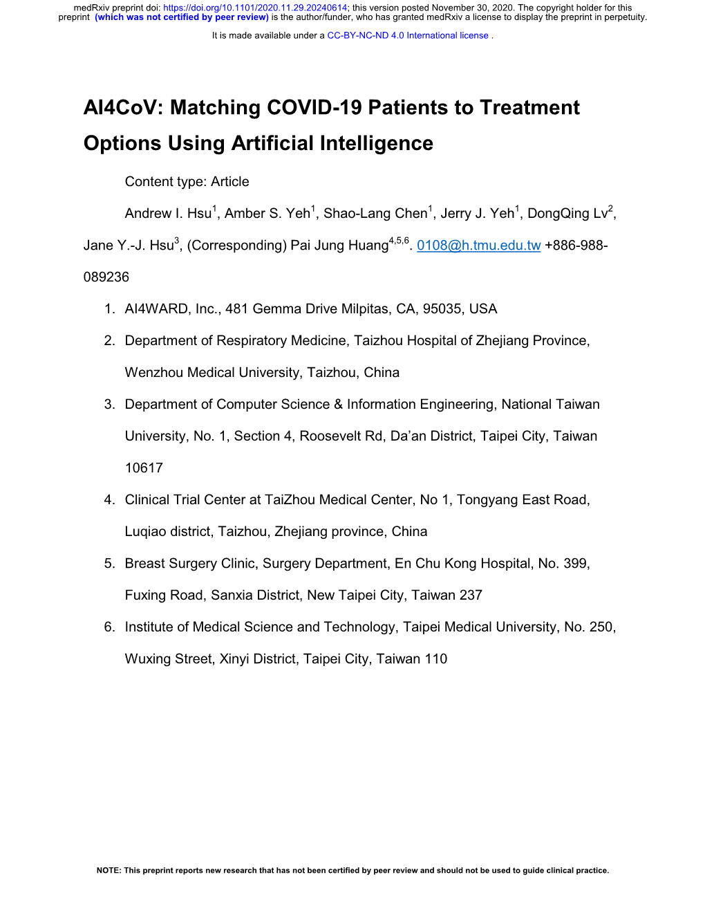 Ai4cov: Matching COVID-19 Patients to Treatment Options Using Artificial Intelligence