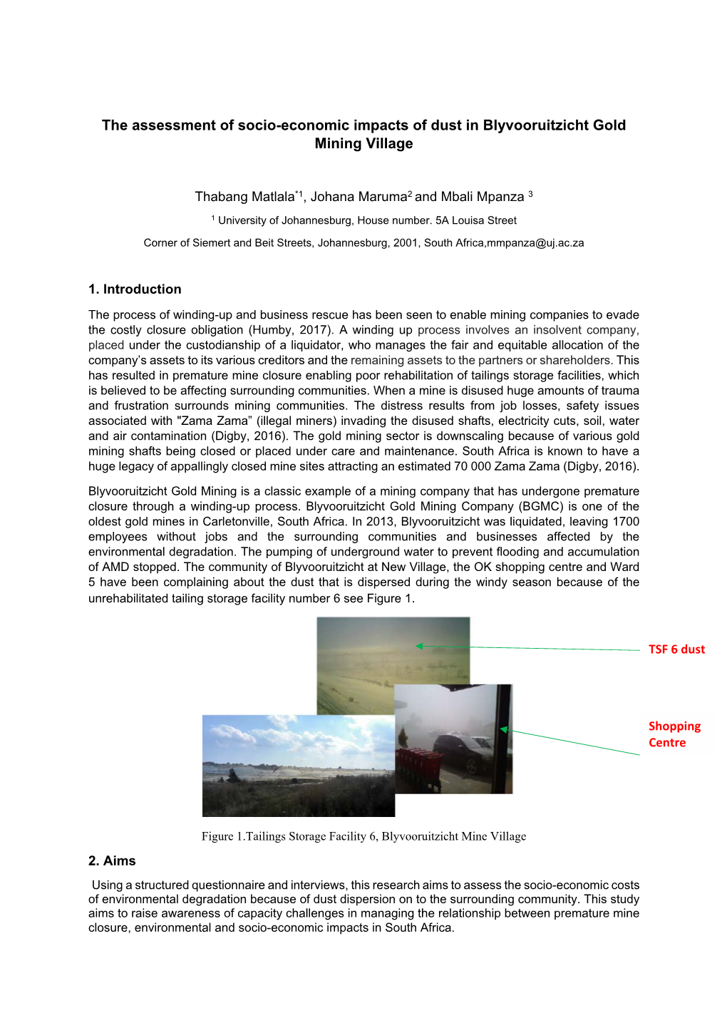 The Assessment of Socio-Economic Impacts of Dust in Blyvooruitzicht Gold Mining Village