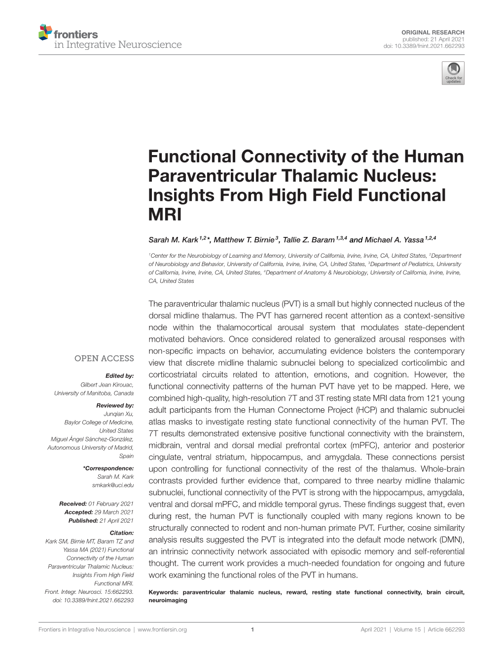 Functional Connectivity of the Human Paraventricular Thalamic Nucleus: Insights from High Field Functional MRI