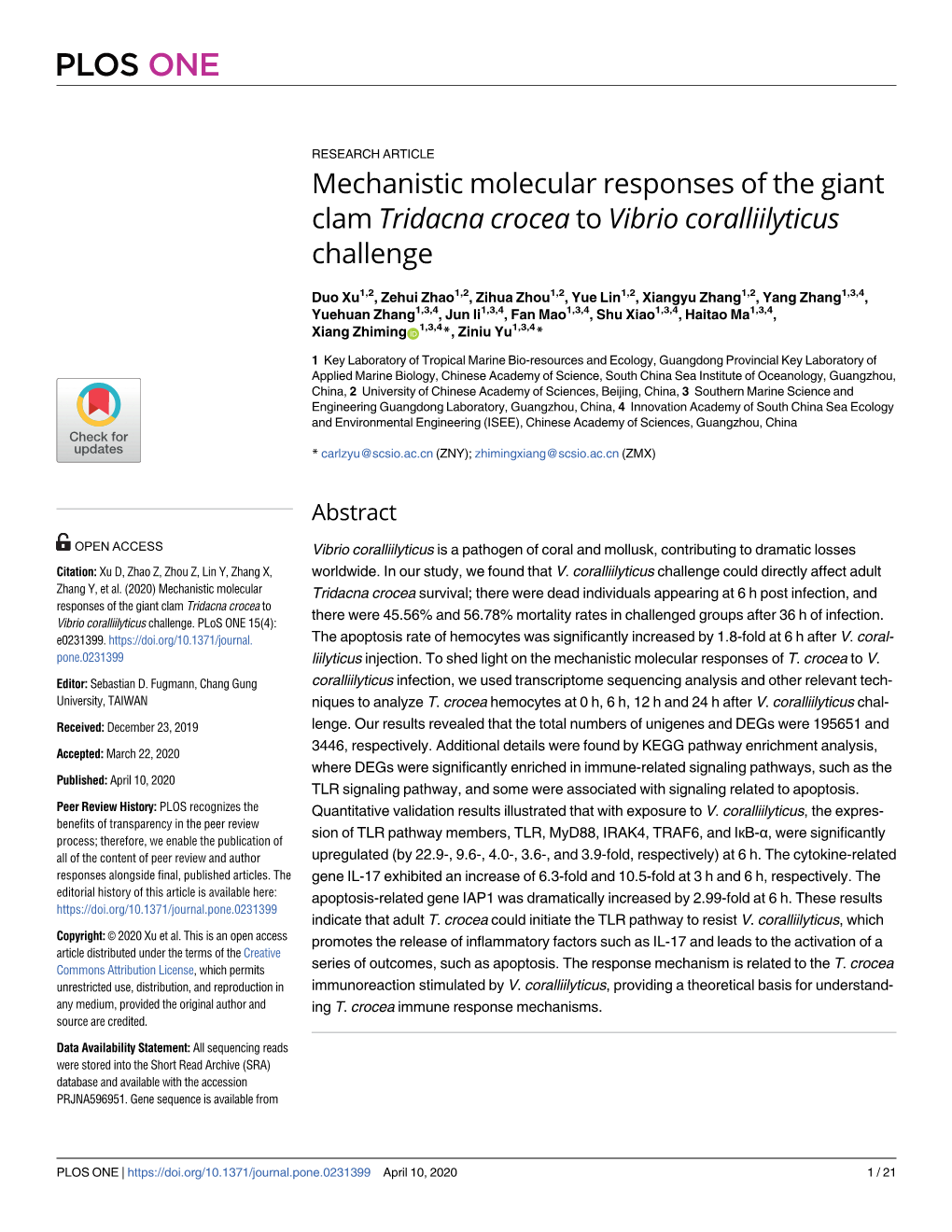 Mechanistic Molecular Responses of the Giant Clam Tridacna Crocea to Vibrio Coralliilyticus Challenge