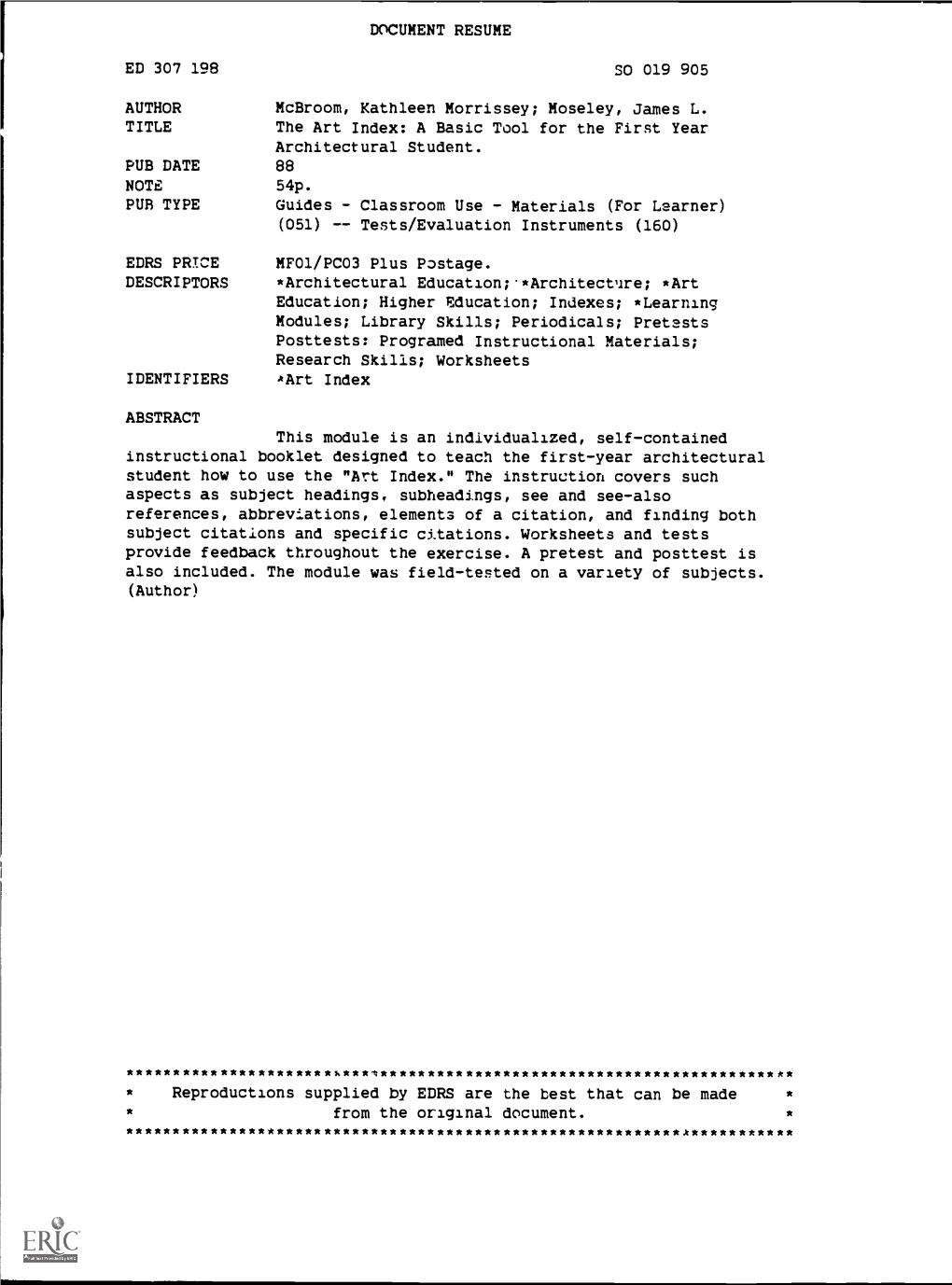 Moseley, James L. TITLE the Art Index: a Basic Tool for the First Year Architectural Student