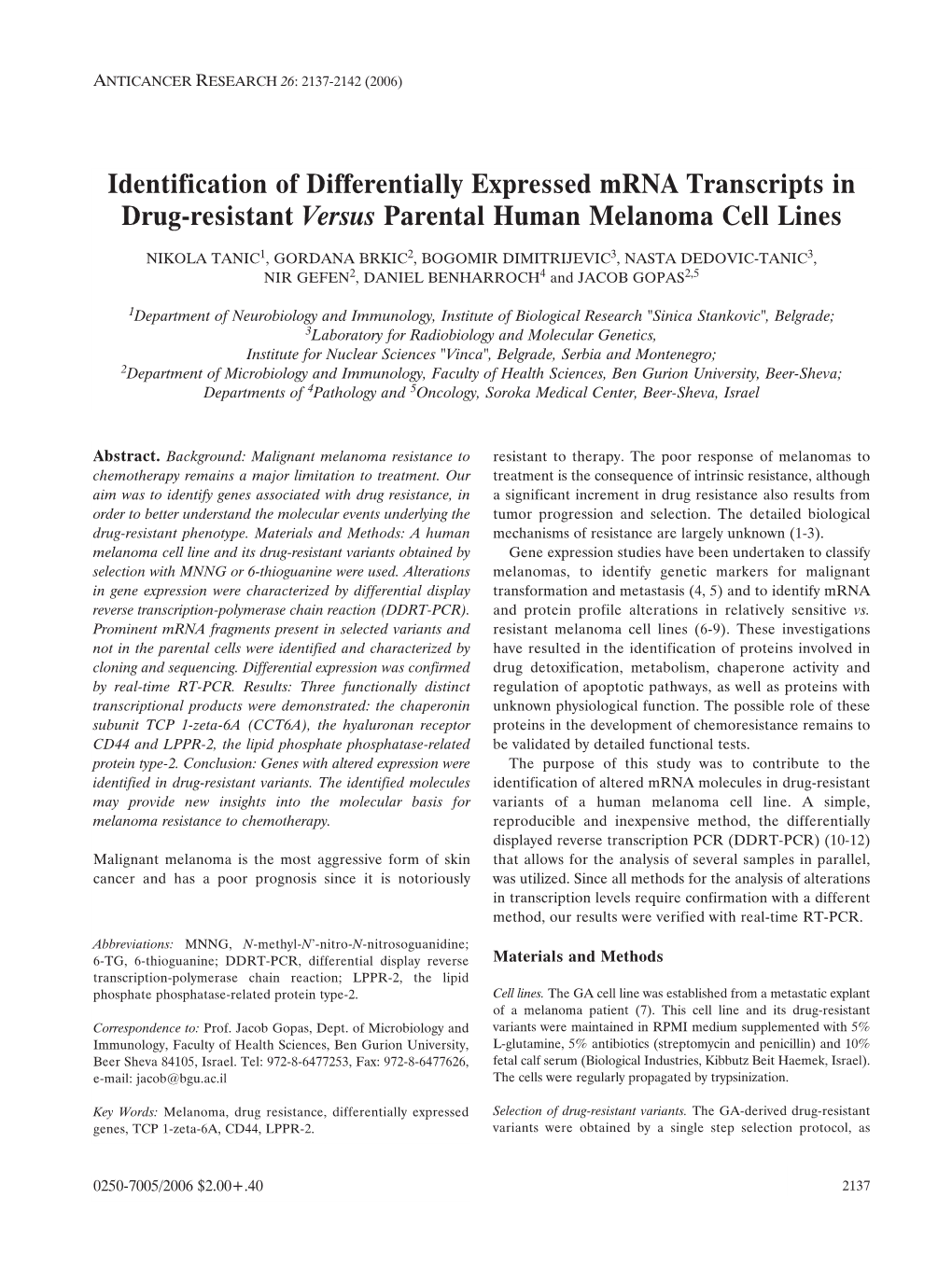 Identification of Differentially Expressed Mrna Transcripts in Drug-Resistant Versus Parental Human Melanoma Cell Lines