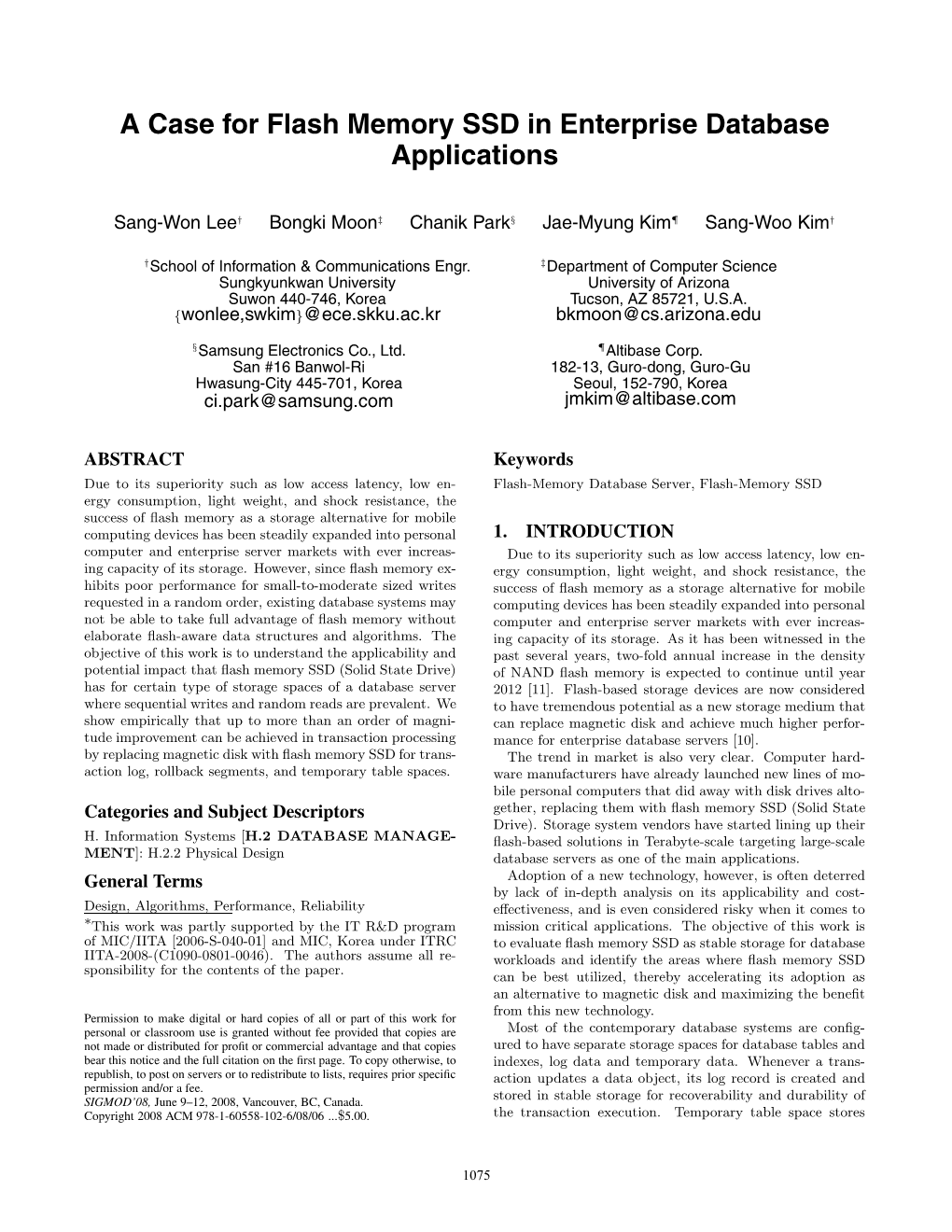 A Case for Flash Memory SSD in Enterprise Database Applications