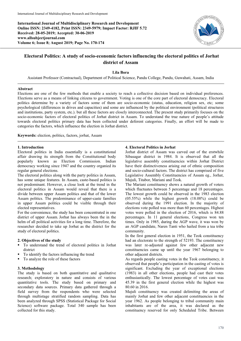 A Study of Socio-Economic Factors Influencing the Electoral Politics of Jorhat District of Assam