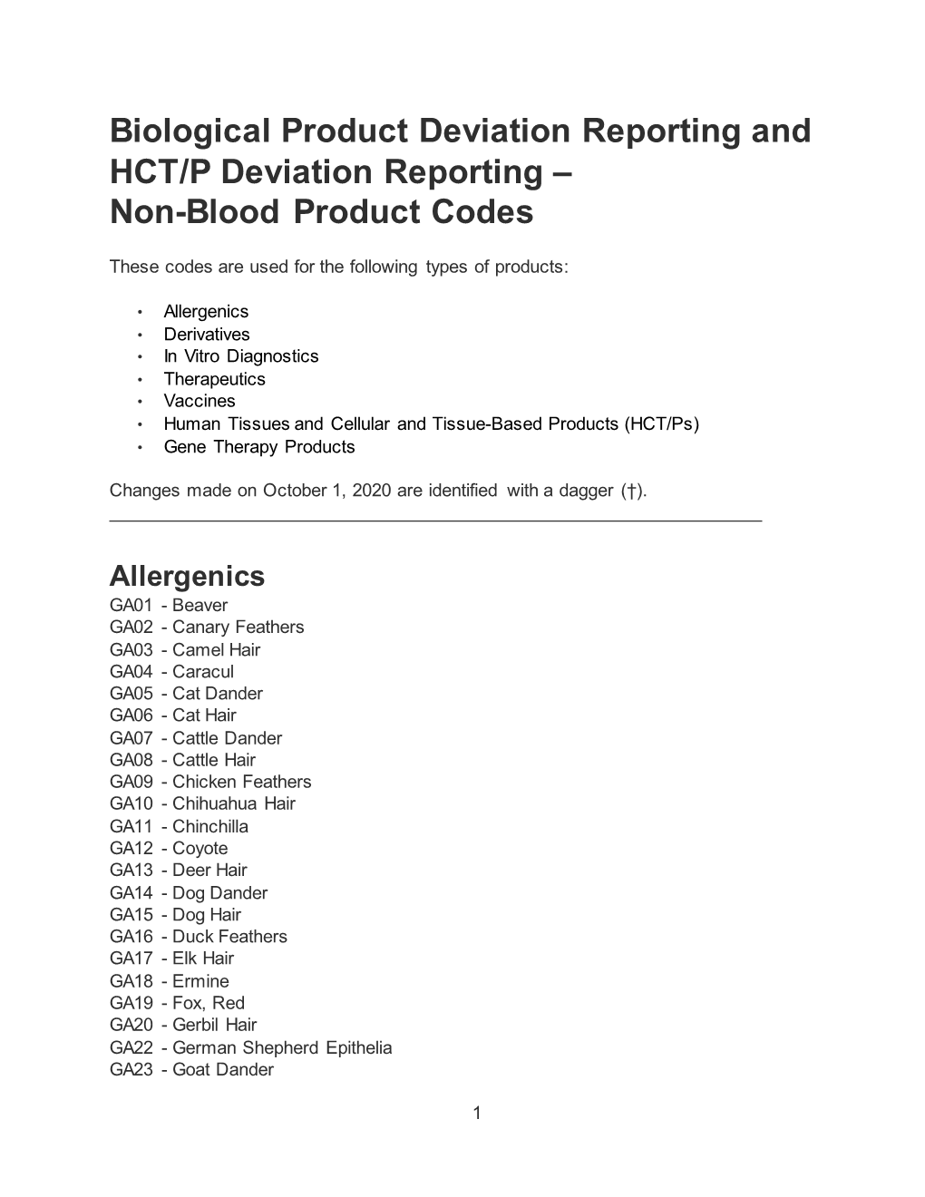 Biological Product Deviation Reporting and HCT/P Deviation Reporting – Non-Blood Product Codes