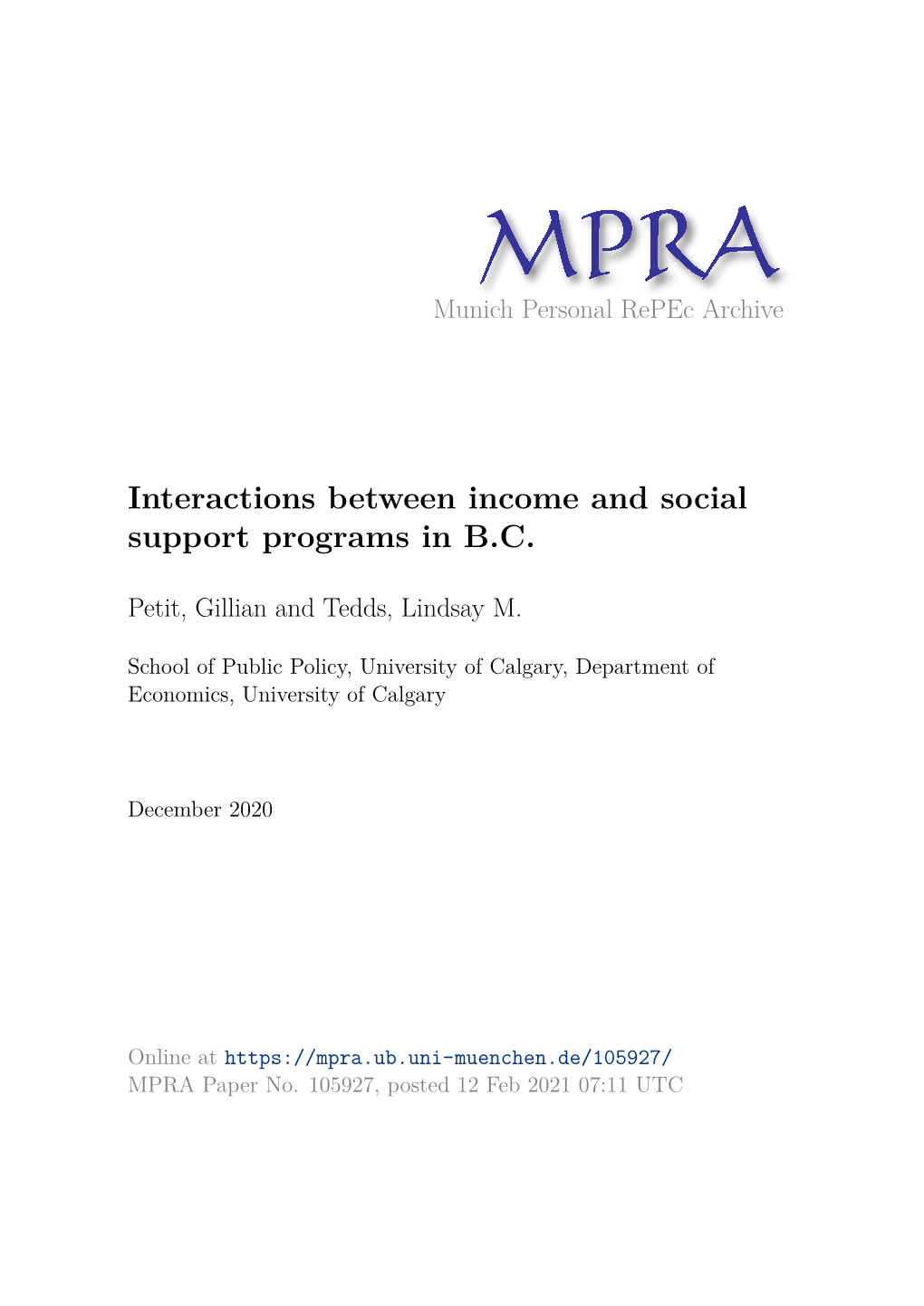 Interactions Between Income and Social Support Programs in B.C