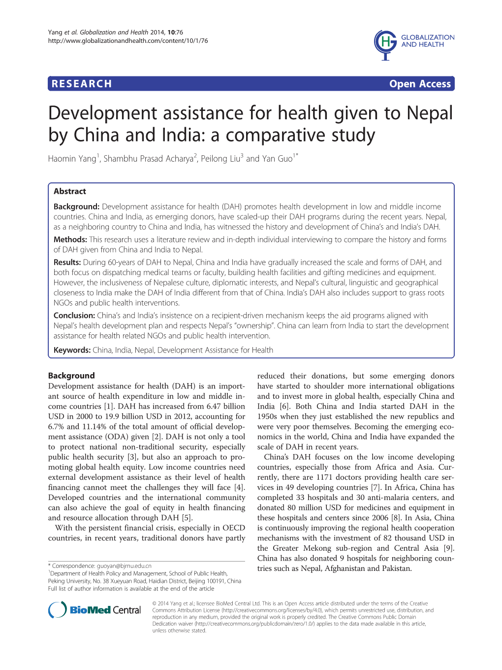 Development Assistance for Health Given to Nepal by China and India: a Comparative Study Haomin Yang1, Shambhu Prasad Acharya2, Peilong Liu3 and Yan Guo1*