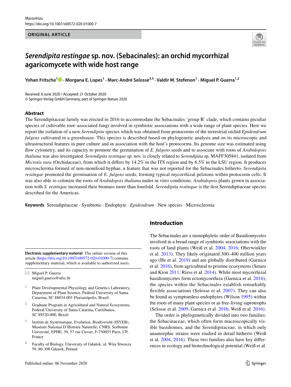 Serendipita Restingae Sp. Nov. (Sebacinales): an Orchid Mycorrhizal Agaricomycete with Wide Host Range