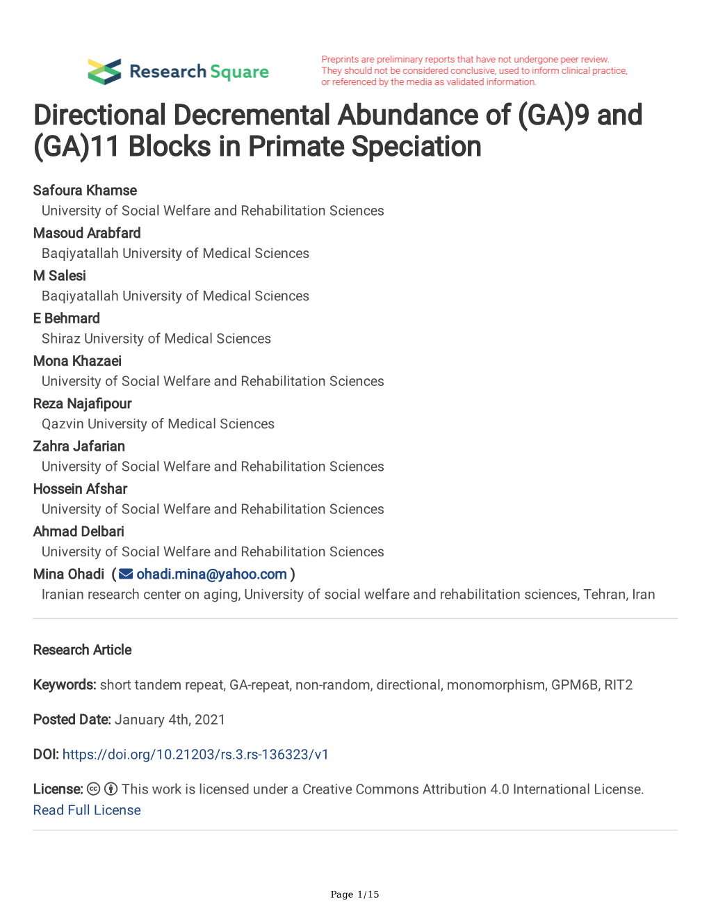 Directional Decremental Abundance of (GA)9 and (GA)11 Blocks in Primate Speciation