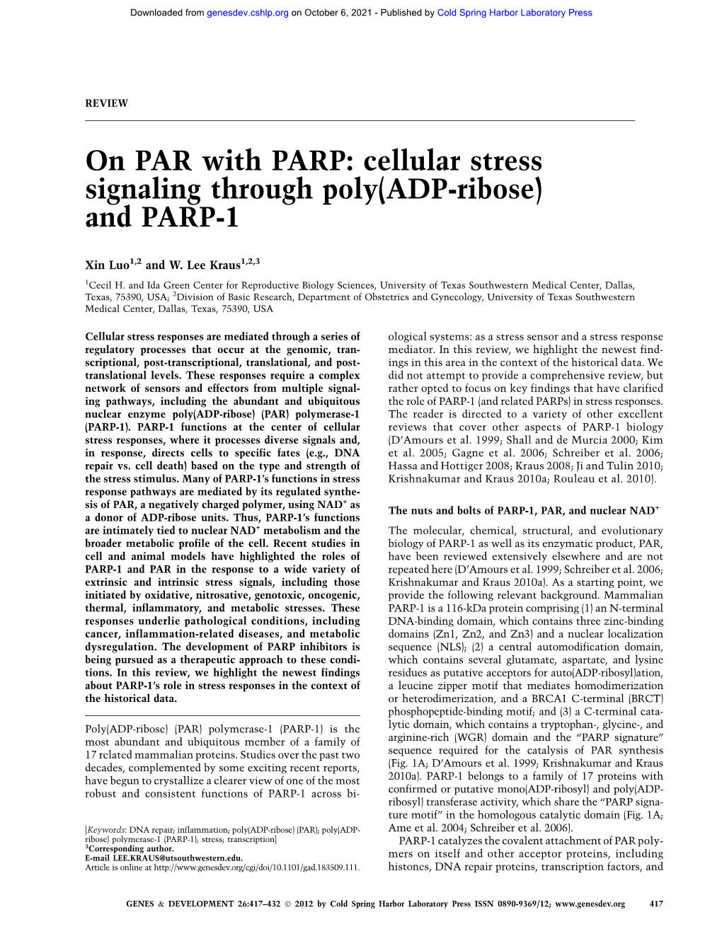 On PAR with PARP: Cellular Stress Signaling Through Poly(ADP-Ribose) and PARP-1