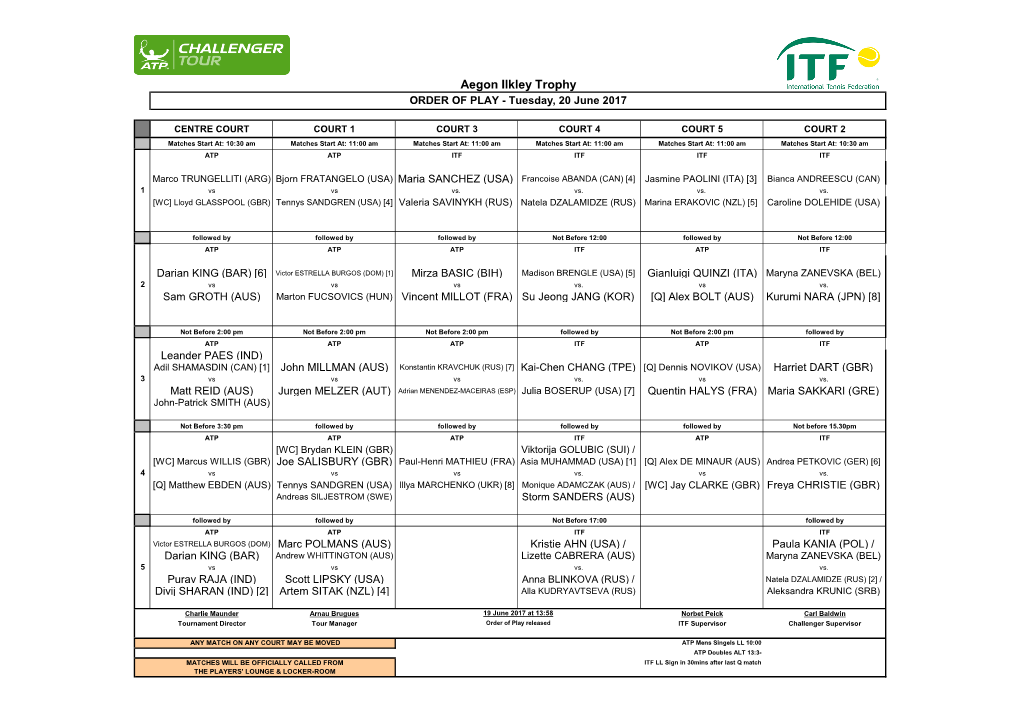 Aegon Ilkley Trophy ORDER of PLAY - Tuesday, 20 June 2017