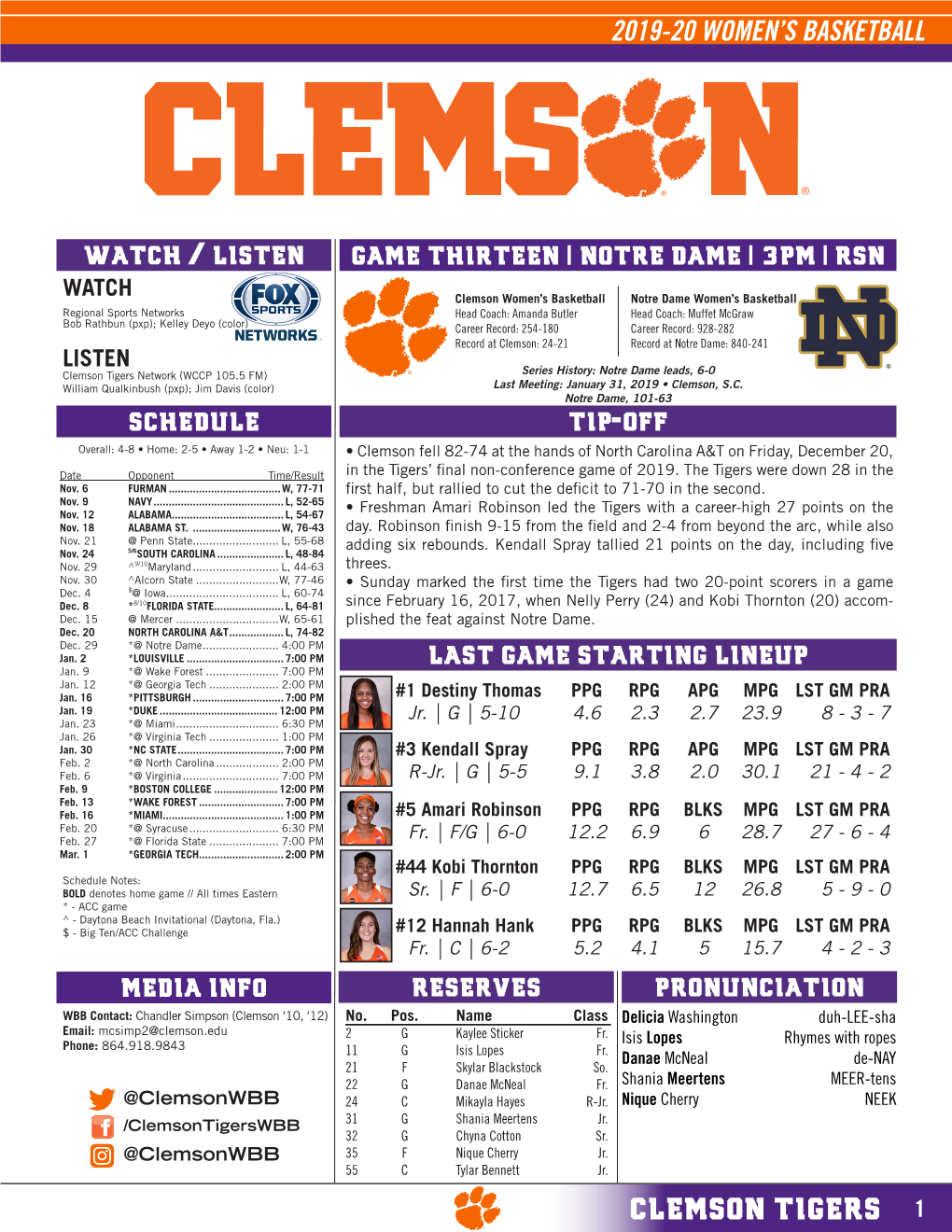 Clemson Tigers 1 2019-20 WOMEN’S BASKETBALL