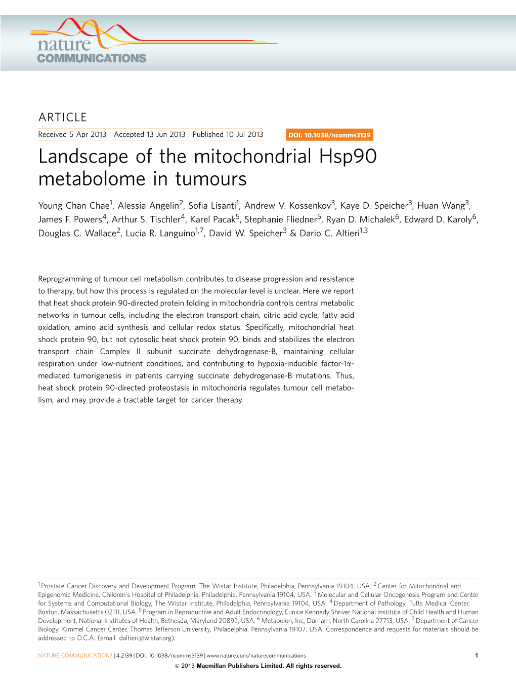 Landscape of the Mitochondrial Hsp90 Metabolome in Tumours