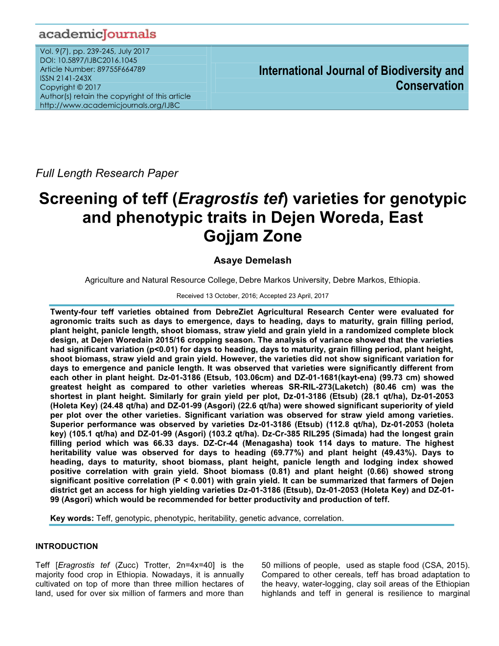 (Eragrostis Tef) Varieties for Genotypic and Phenotypic Traits in Dejen Woreda, East Gojjam Zone