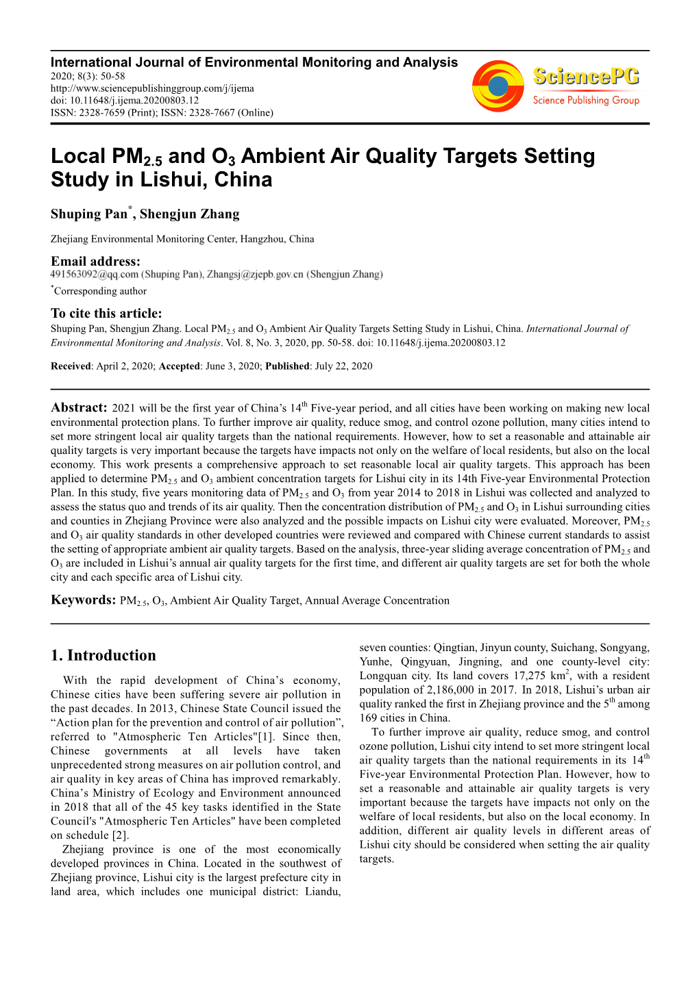 Local PM2.5 and O3 Ambient Air Quality Targets Setting Study in Lishui, China