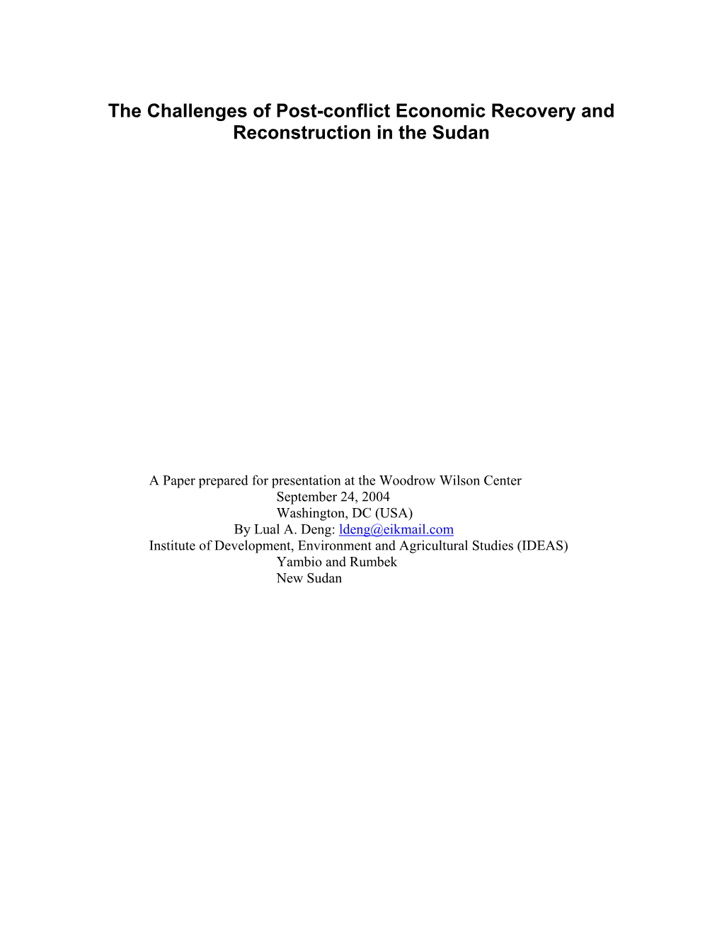 Pre-Conditions for Post-Conflict Economic Recovery And