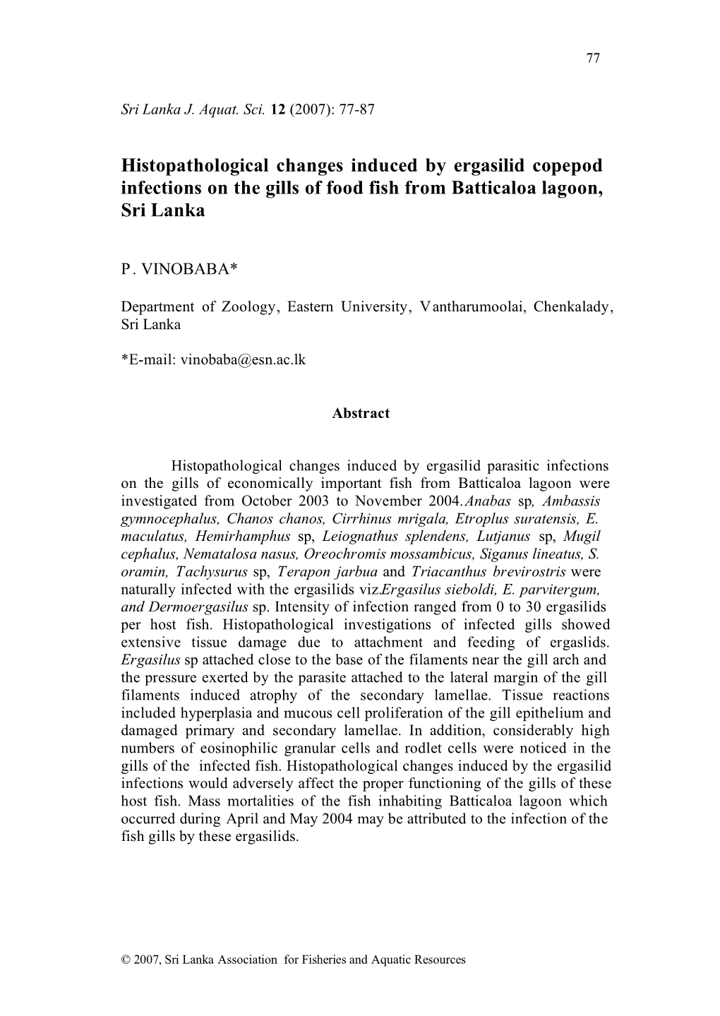 Histopathological Changes Induced by Ergasilid Copepod Infections on the Gills of Food Fish from Batticaloa Lagoon, Sri Lanka