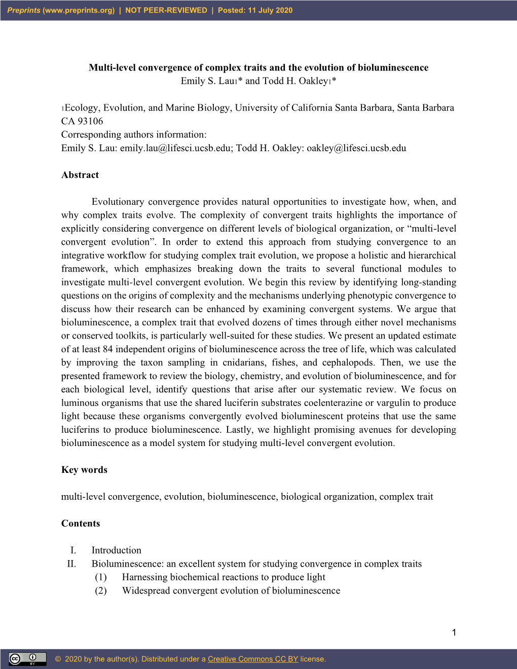 Multi-Level Convergence of Complex Traits and the Evolution of Bioluminescence Emily S